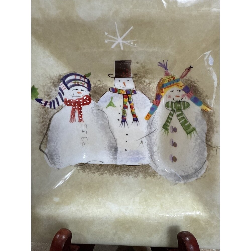 2 Snowmates Oneida Debbie Christmas Beige Square Serving Tray Snowman 5' & 7.5' - Picture 4 of 9